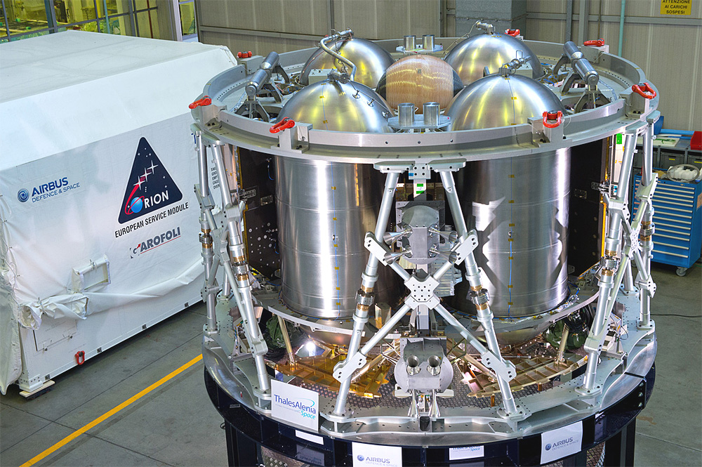 Hydrazine propellant tanks integrated to the structural test article of the Orion Service Module.